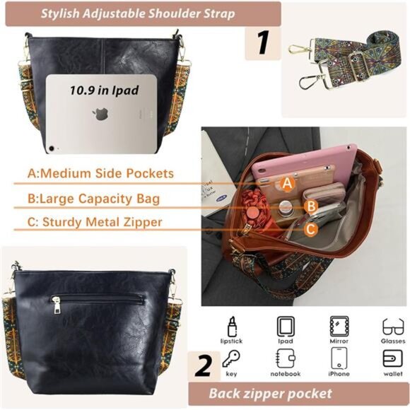 Hobo Bags Vegan Leather Crossbody Bag Guitar Strap Shoulder Purses with Zipper - Picture 3 of 6